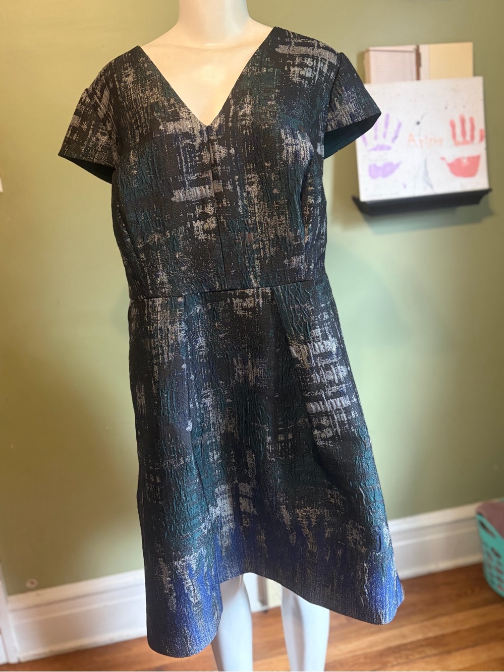 Vince Camuto Blue Black Metallic Jacquard V-Neck Cap Sleeve Fit & Flare Sz 16W